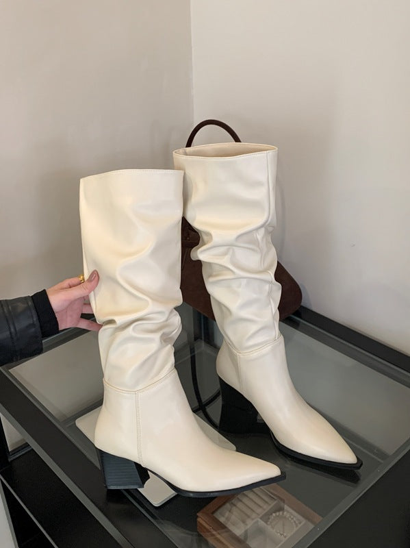 Long Female Tube Tail Thick-soled British Style Soft Pointed Women's Leather Boots