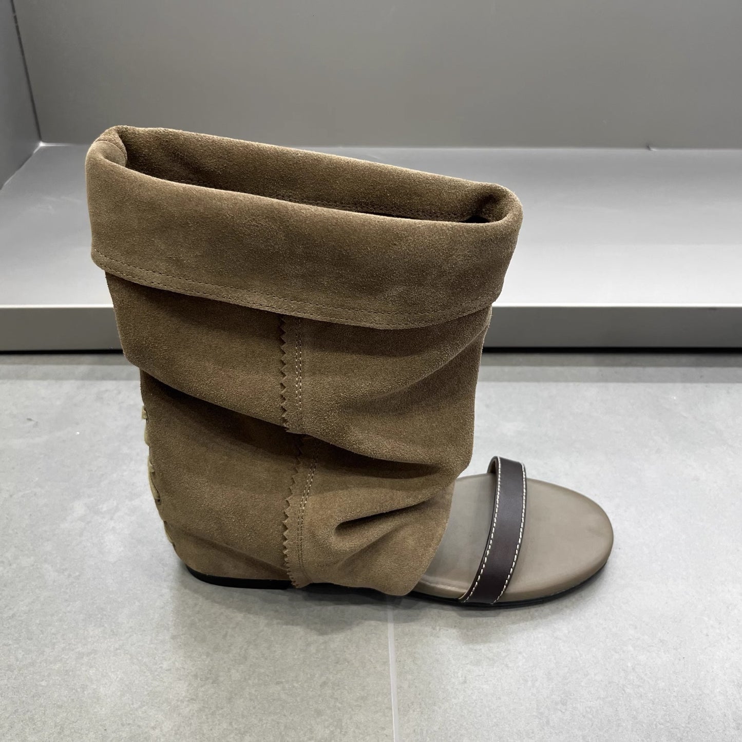 Women's Version Korean Style Niche Height Increasing Insole Open Toe Round Women's Leather Boots