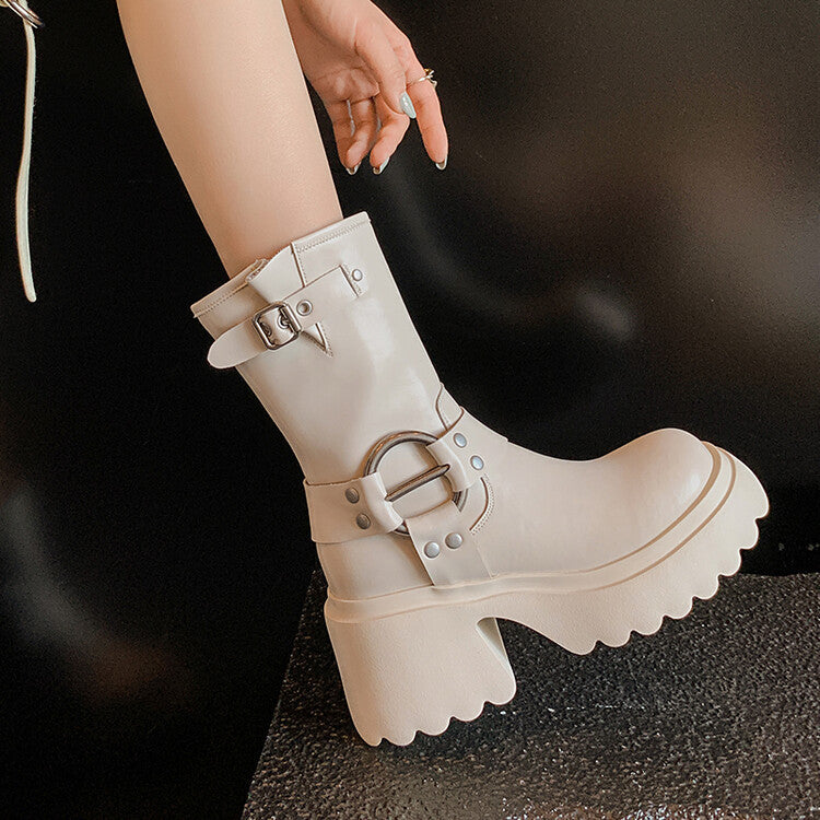 Women's Platform Martin Cowhide Skinny Belt Buckle Women's Leather Boots