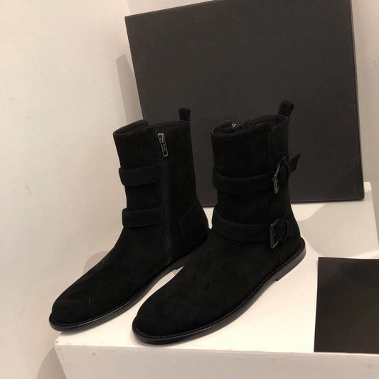 Women's Suede Flat Ankle Genuine Belt Buckle Women's Leather Boots