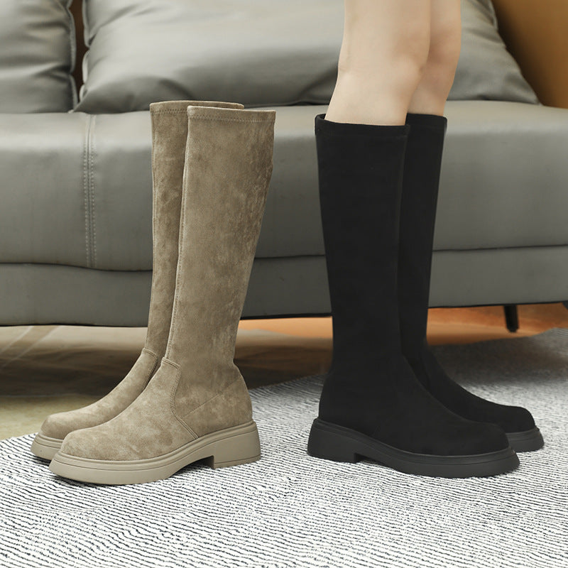 Women's Below The Knee Suede Fleece-lined Thickened High Leg Chunky Platform Women's Leather Boots
