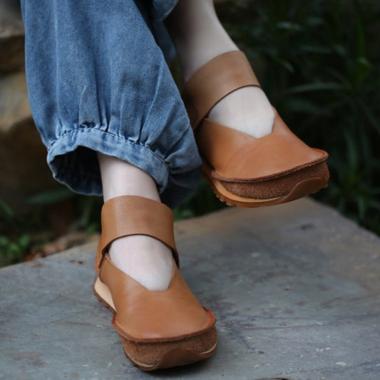 Women's Style Top Layer Cowhide V Cut Pumps Soft Back Thick Platform Sandals