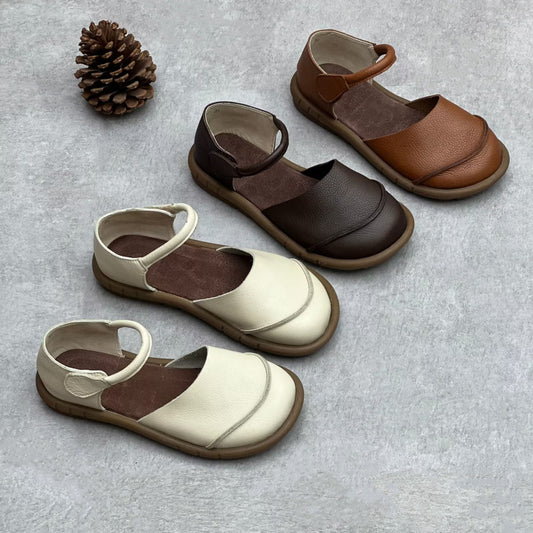 Women's Handmade Genuine Summer Mori Style Artistic Closed Toe Buckle Soft Sandals