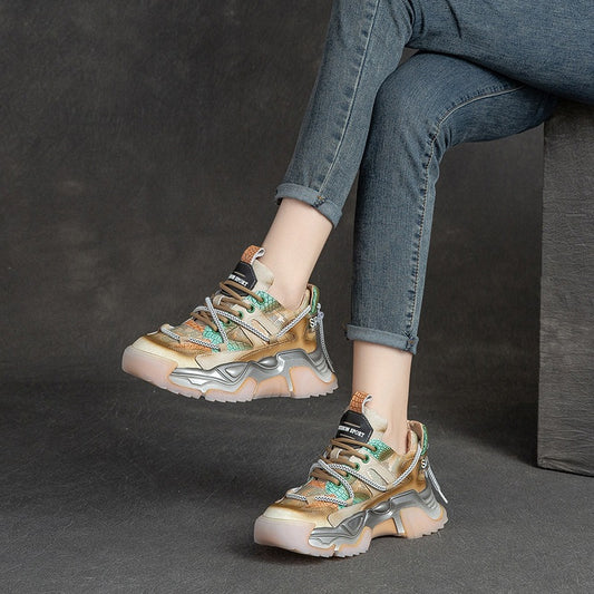 Women's Layer Cowhide Handmade Dad Platform Sports Color Casual Shoes