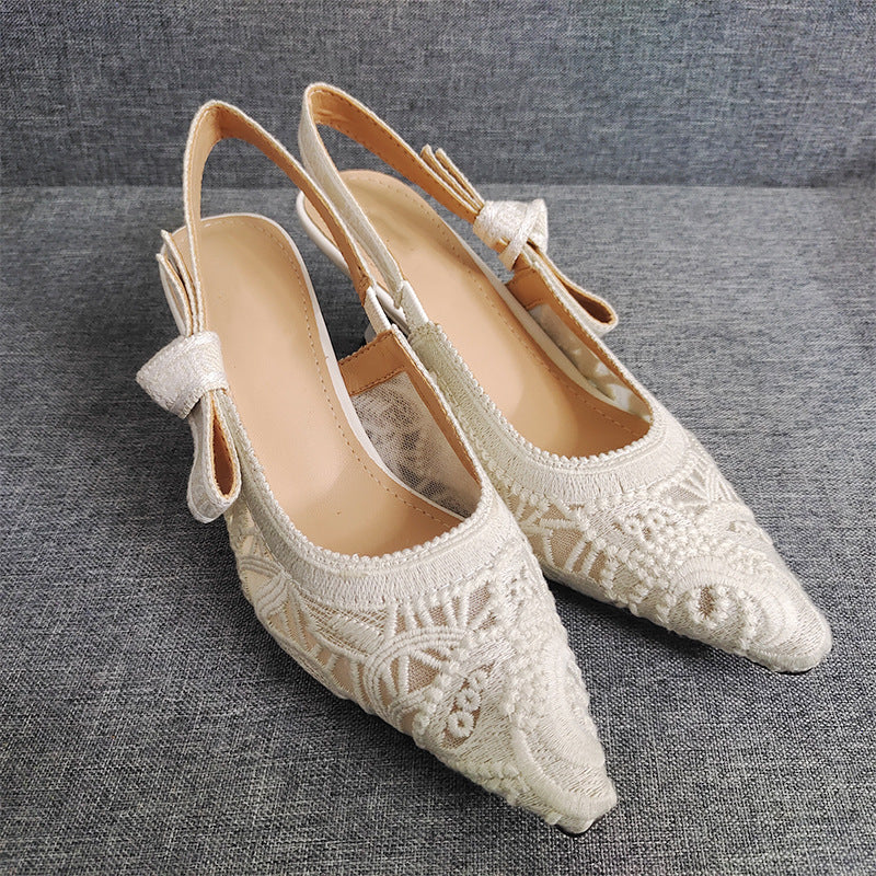 Women's Letter Lace Wedding Mesh Flat Kitten Pointed Sandals