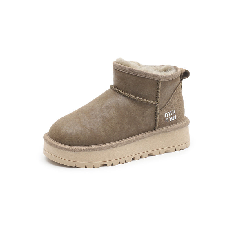 Women's Winter Cowhide Wool Bootie Thick Bottom Snow Boots