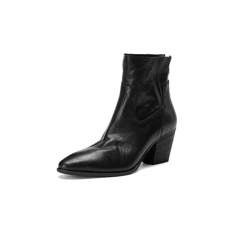 Women's French Retro Pointed Toe Mid Single Martin Ankle Women's Leather Boots