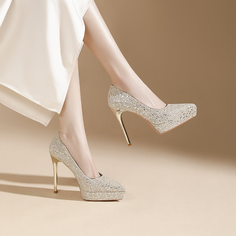Women's Pointed Stiletto Sequined Waterproof Platform Shallow Mouth Heels