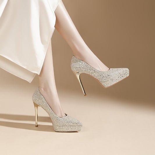 Women's Pointed Stiletto Sequined Waterproof Platform Shallow Mouth Heels