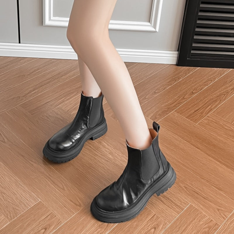 Women's Round Head Chunky Platform Smoke Pipe Chelsea Women's Leather Boots