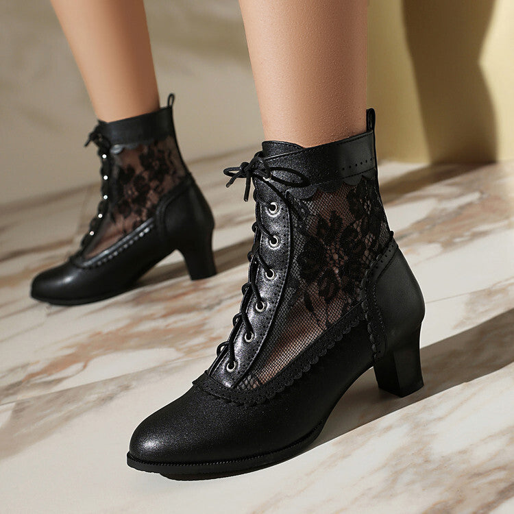 Women's Retro British Style Lace Stitching Hollow Heels