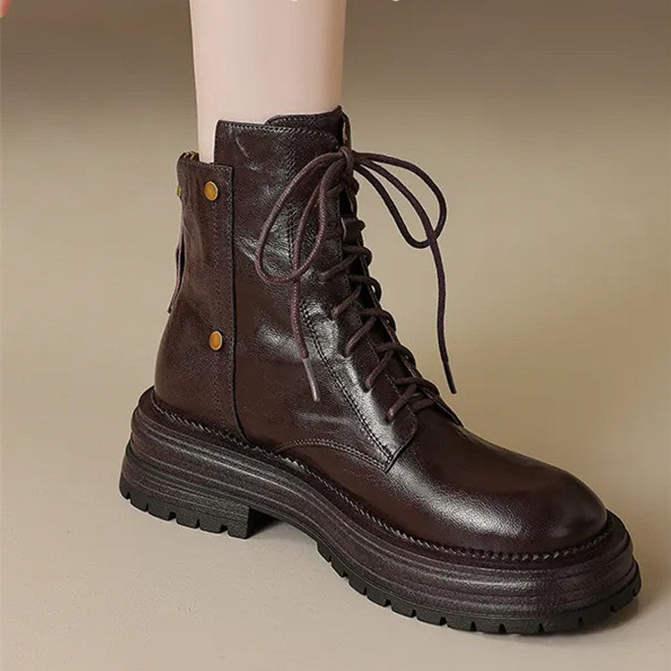 Women's To Wear Sheepskin Thick Bottom British Style Martin For Brown Women's Leather Boots