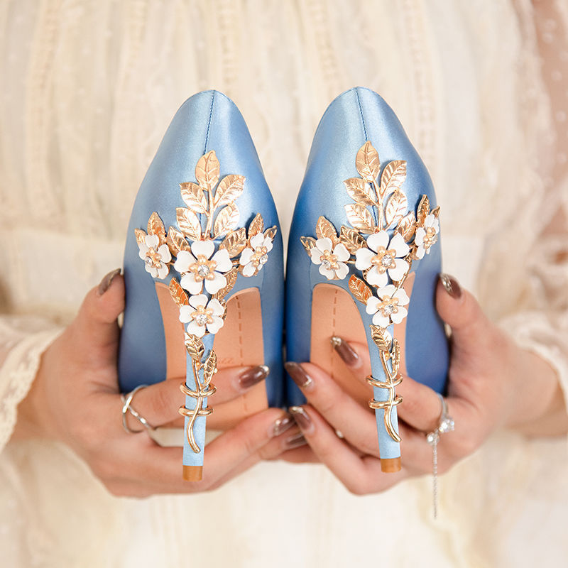 Entry Lux French Pointed Stiletto Satin High Sexy Flowers Design Heels