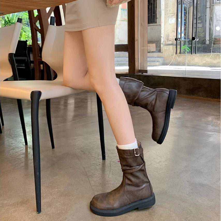 Women's Toe Pleated Suede Chunky Platform Pile Low Cut Short Women's Leather Boots