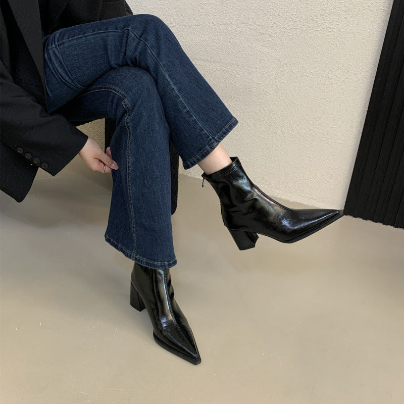 Toe Chunky Booties Female Style Niche High Women's Leather Boots