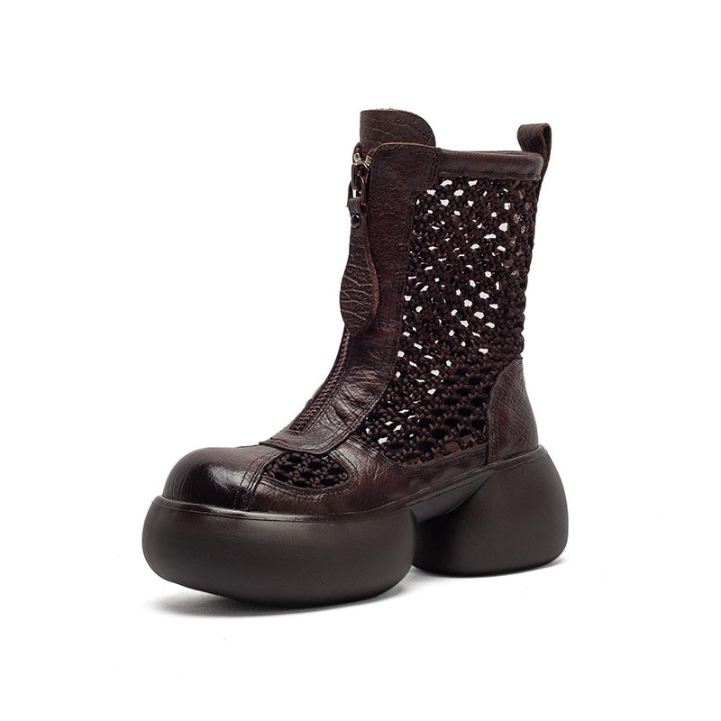 Women's First Layer Cowhide Thick Front Zipper Small Height Increasing Heels
