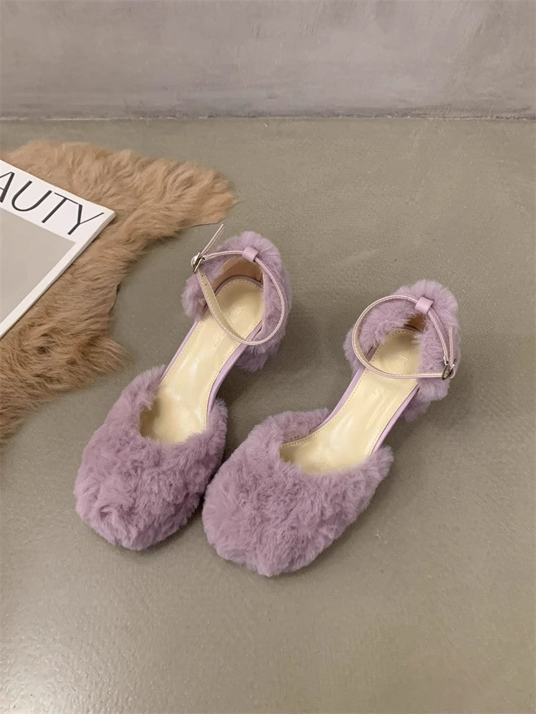 Women's Square Head Hollow Fluffy Fashionable Mary Jane Autumn Heels