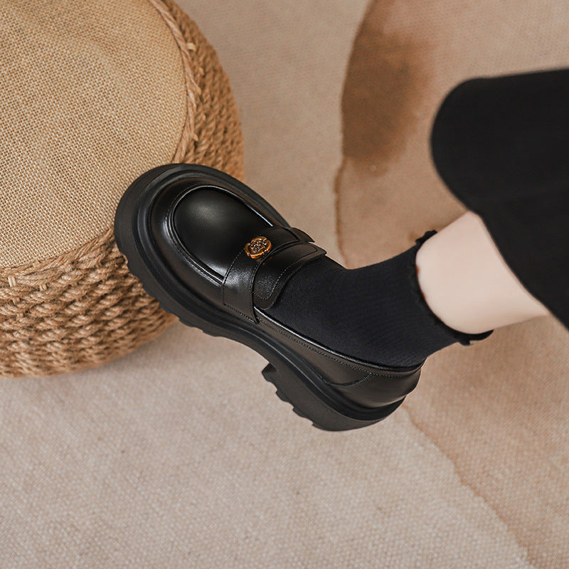 Version Height Increasing Insole Small British Style Slip-on Platform Camellia Leather Shoes