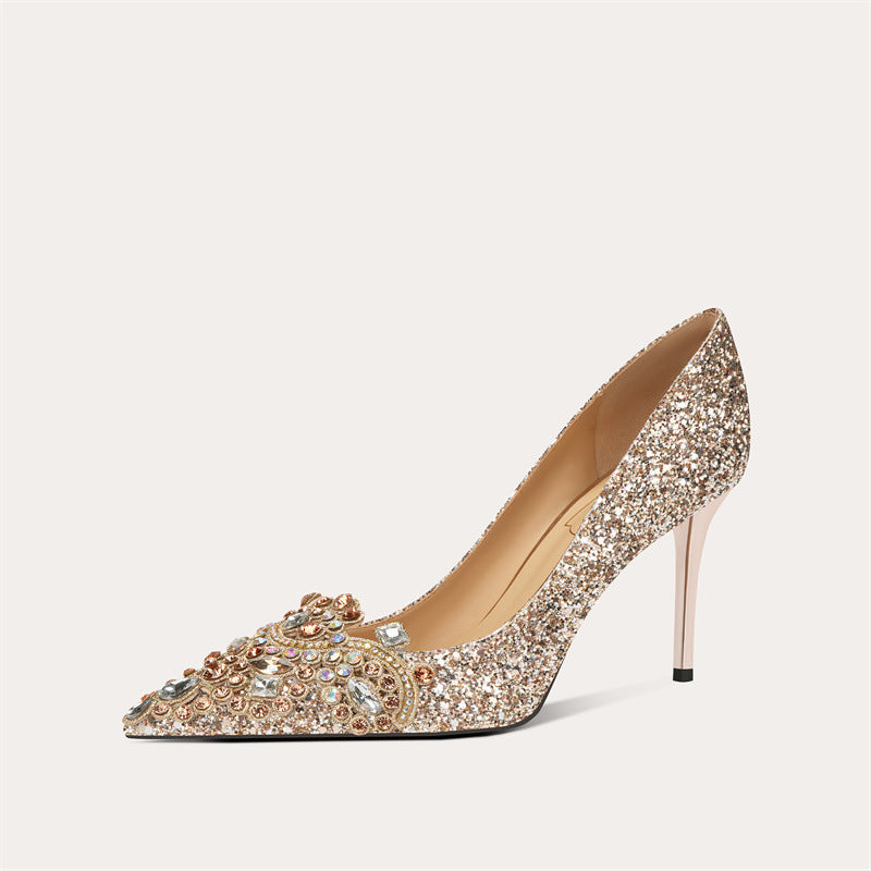 Women's Wedding Banquet Bridal Dress Metal Pointed Crystal Sheepskin Women's Fashion Shoes