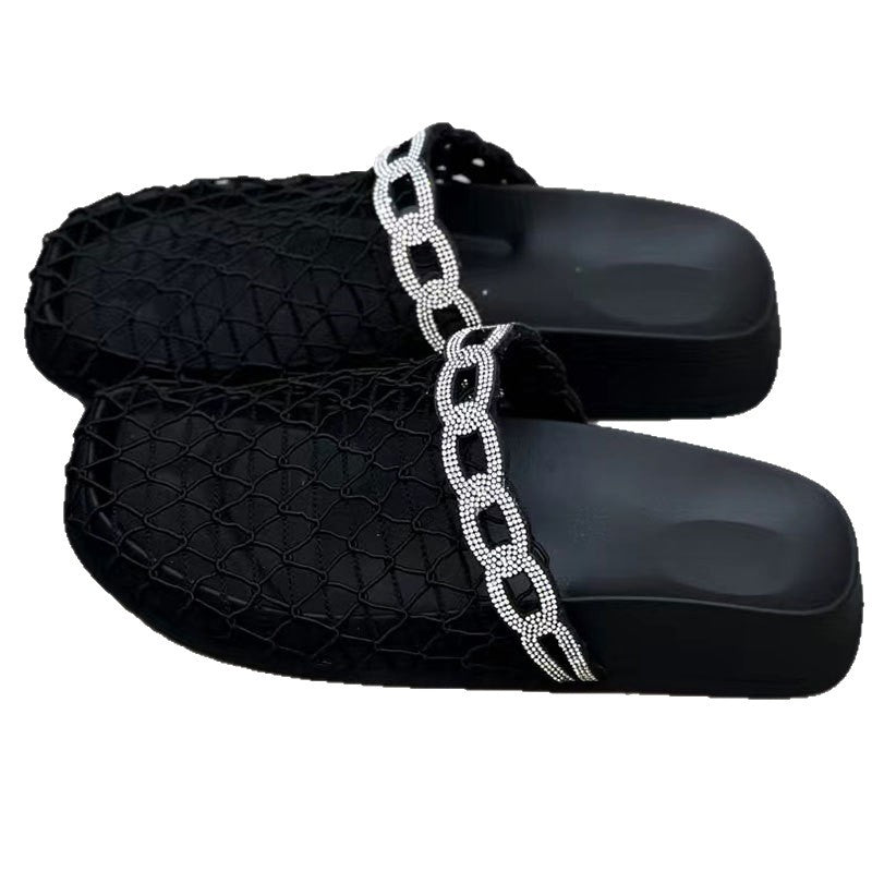 Fishnet Rhinestone Niche Flat Closed Toe Slippers