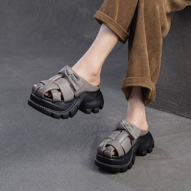 Women's Retro First Layer Cowhide Small Height Heels