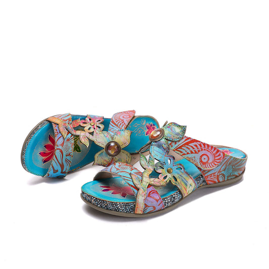 Meng Die Summer Round Toe Cowhide Cross Belt Rubber Slippers