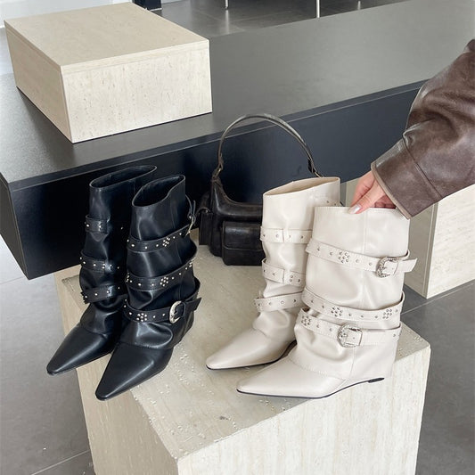 Ankle Fashionable Pointed Toe Wide Tube Slimming Belt Buckle Rivet Boots