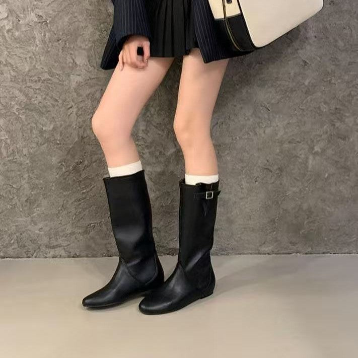 Fashionable Simple Round Head Korean Style Flat Slimming Fashion Women's Leather Boots