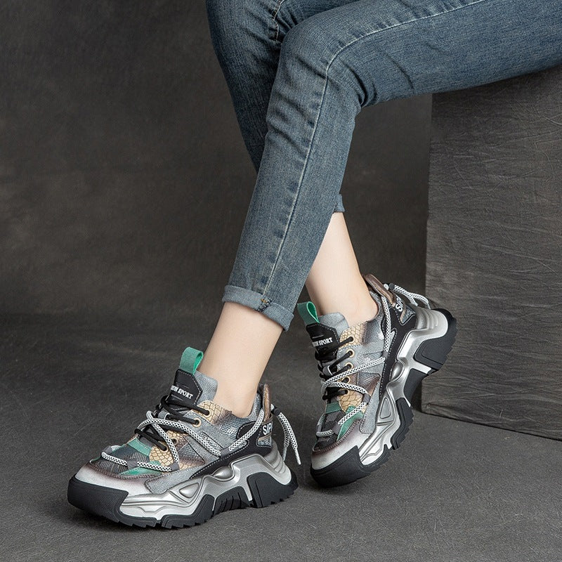 Women's Layer Cowhide Handmade Dad Platform Sports Color Casual Shoes