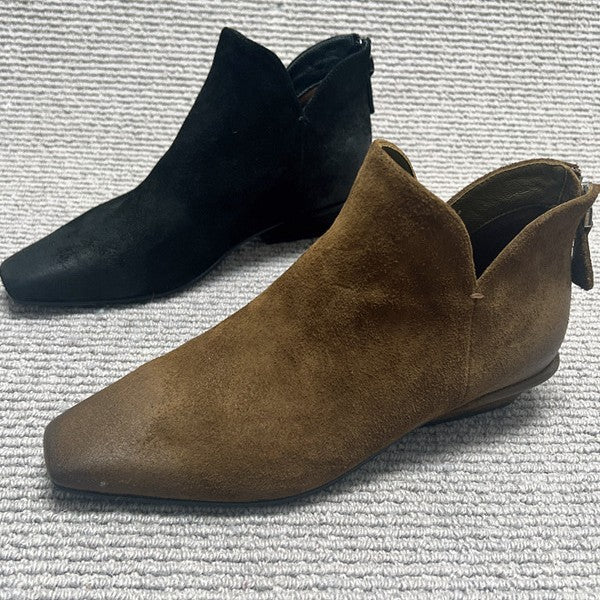 Square Toe Matte Retro Booties Niche Brushed Back Zipper Low Heels