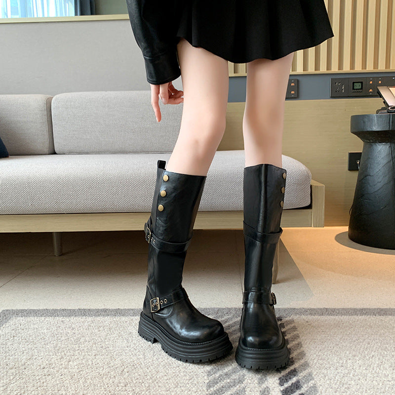 Women's Retro Platform Long Thick Leg Widened Tall Women's Leather Boots