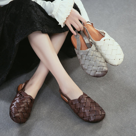 Women's First Layer Cowhide Hand-woven Closed Toe Flat Back Sandals