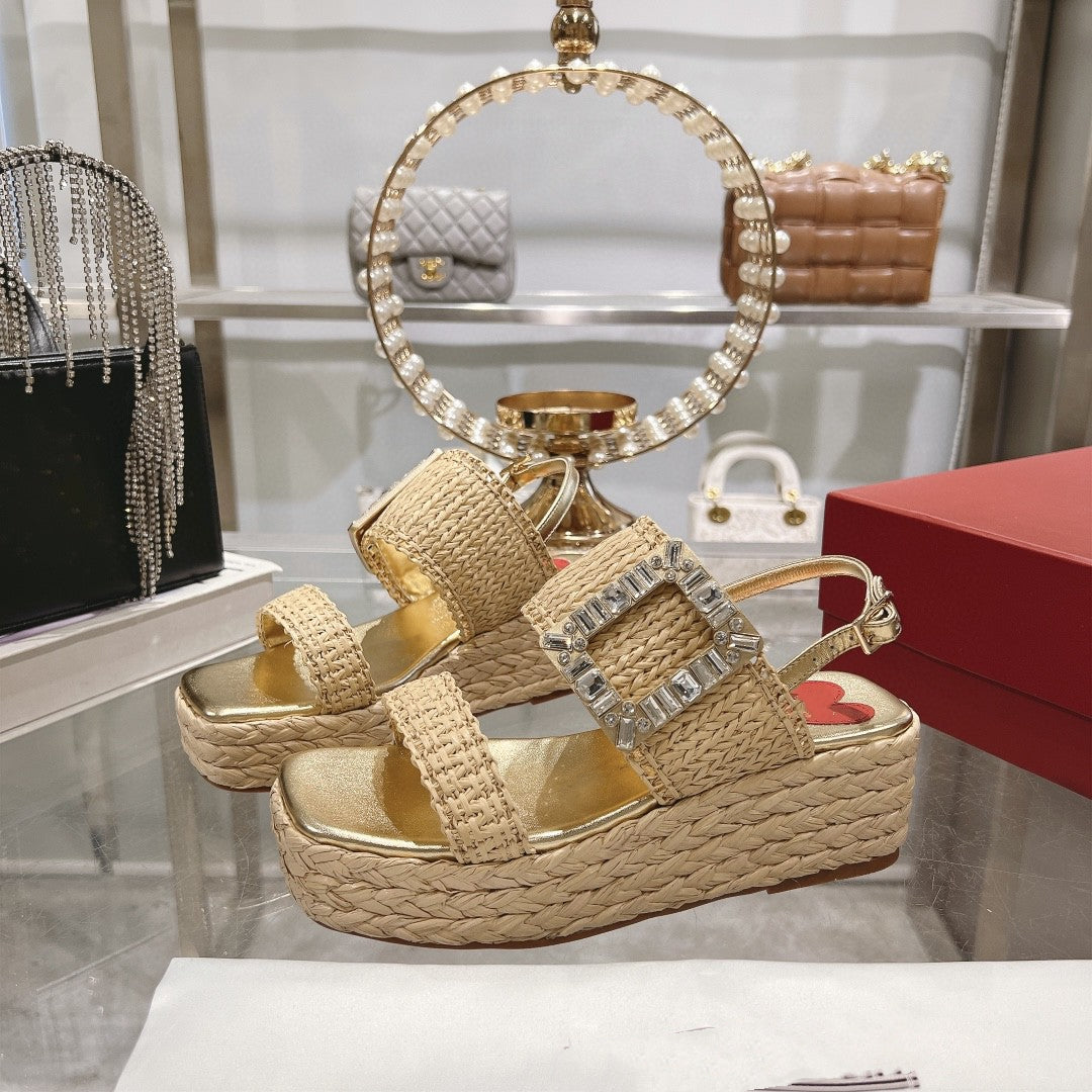 Women's Platform Buckle Square Toe Drill Fashion Sandals