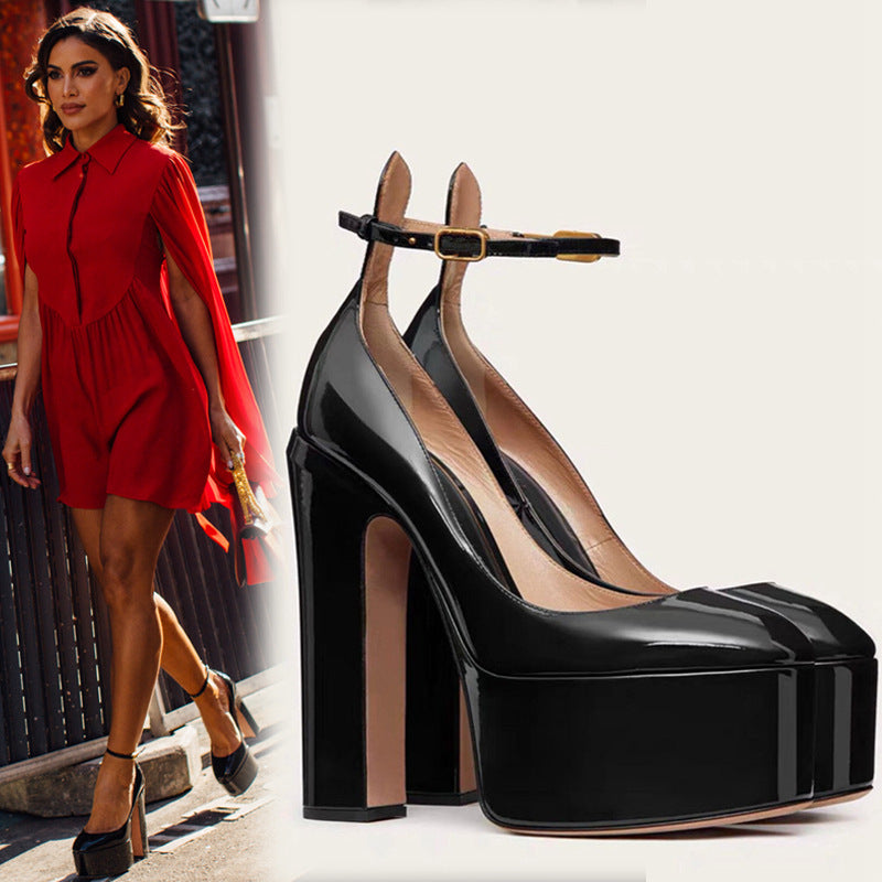 Waterproof Platform Patent Round Head Thick Bottom Ankle Ring Women's Shoes