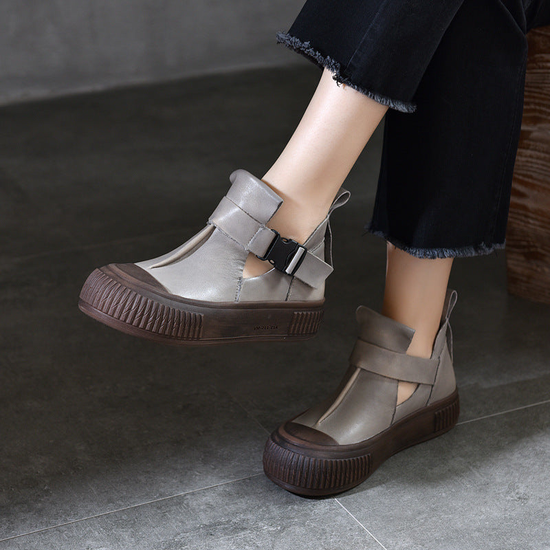 Women's First Layer Cowhide Pumps Soft Bottom Round Casual Shoes