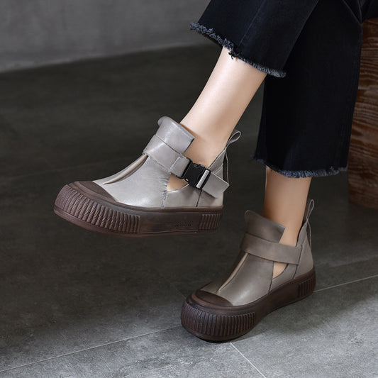 Women's First Layer Cowhide Pumps Soft Bottom Round Casual Shoes