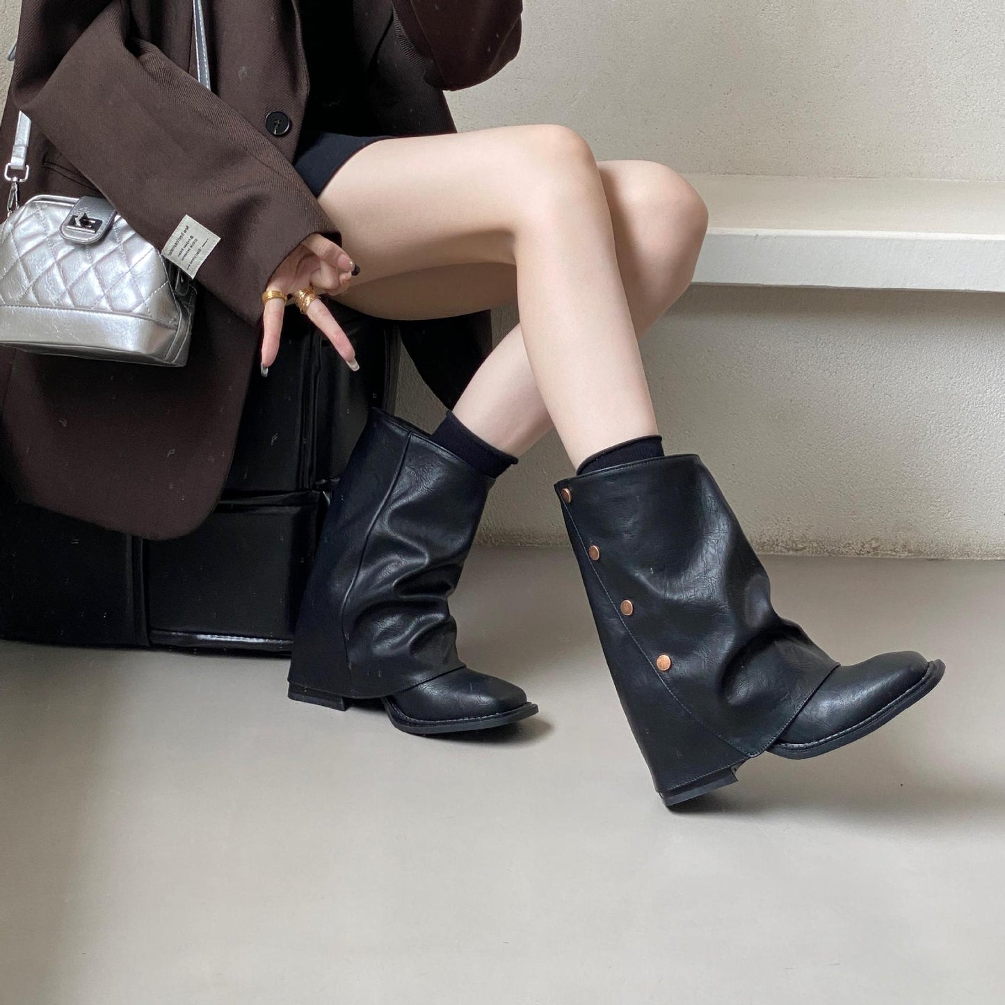 Western Denim Pile Style Knight Early Autumn Martin Women's Leather Boots