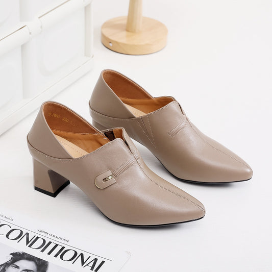 Women's Genuine Pointed Toe Chunky Deep Mouth Autumn First Women's Shoes