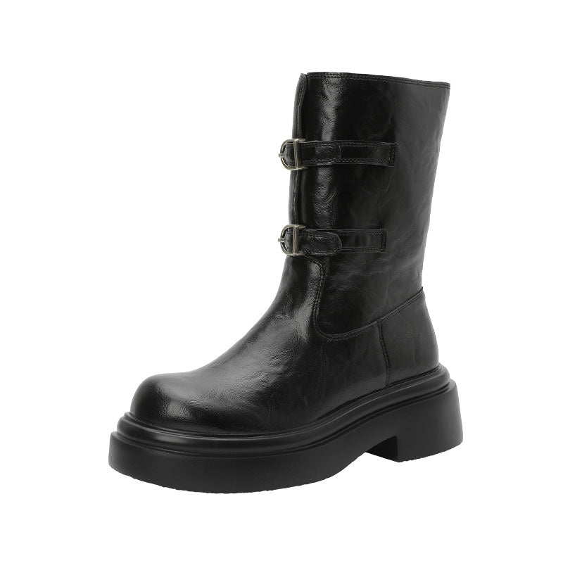 Women's Retro Belt Buckle Platform Height Increasing Knight Ankle Women's Leather Boots