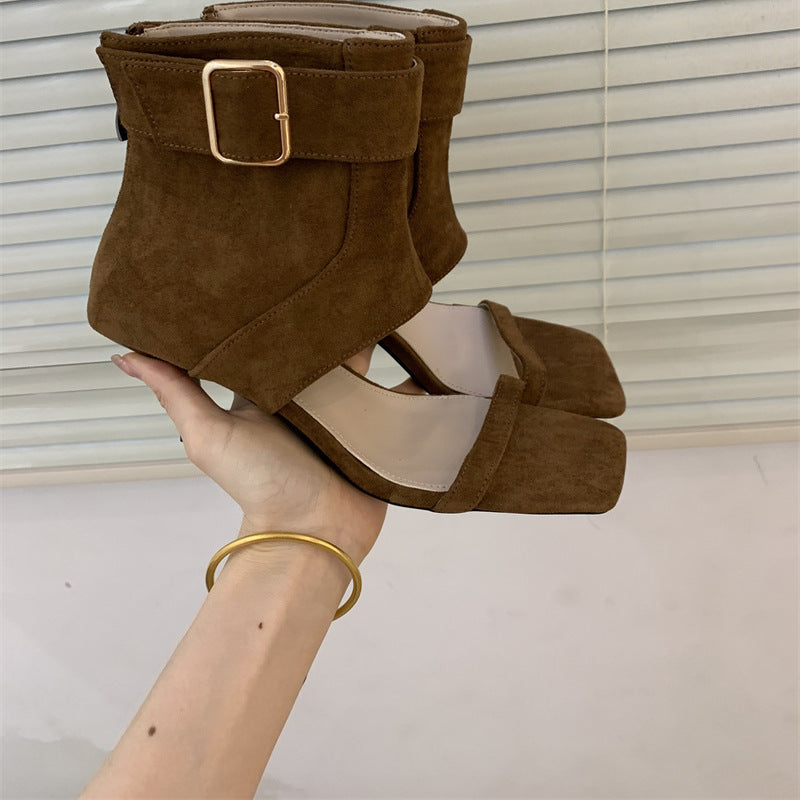 Little Fairy Vintage Suede Open Toe Belt Buckle Heels