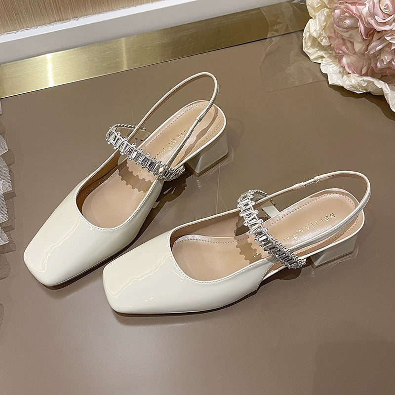 Sier Rhinestone Chain Word Strap Closed Toe Women's Shoes