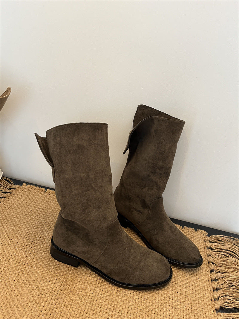 Thick Low Knight Korean Style Fashionable Round Toe Women's Leather Boots