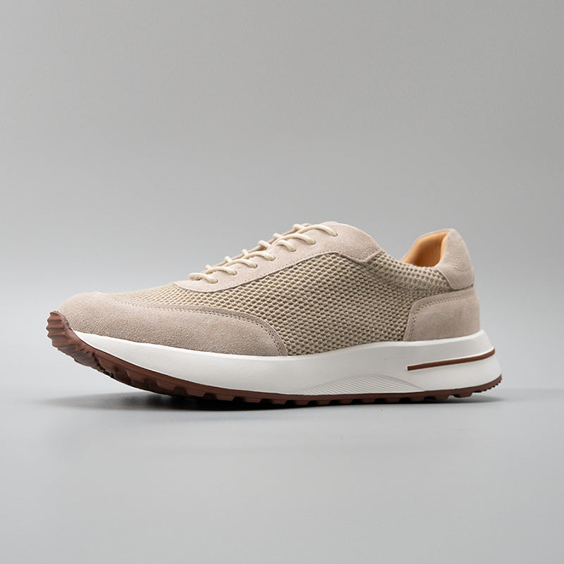 Men's Sand Color Lightweight Breathable Mesh Stitching Cow Split Men's Casual Leather Shoes