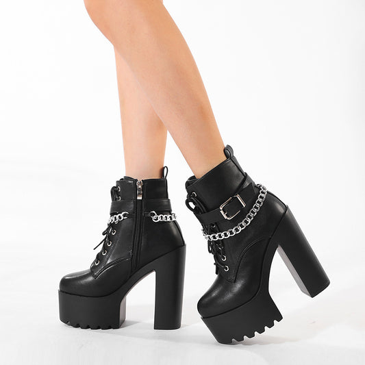 Women's High Platform Booties Super Stage Chunky Women's Leather Boots