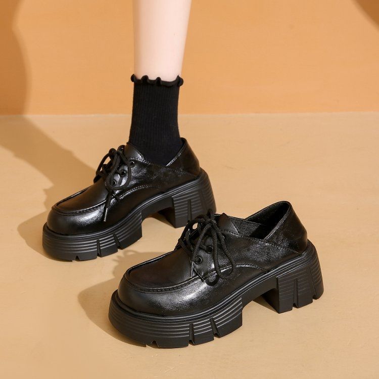 Women's Platform Black Chunky Height Increasing Commuter French Pumps British Women's Fashion Shoes