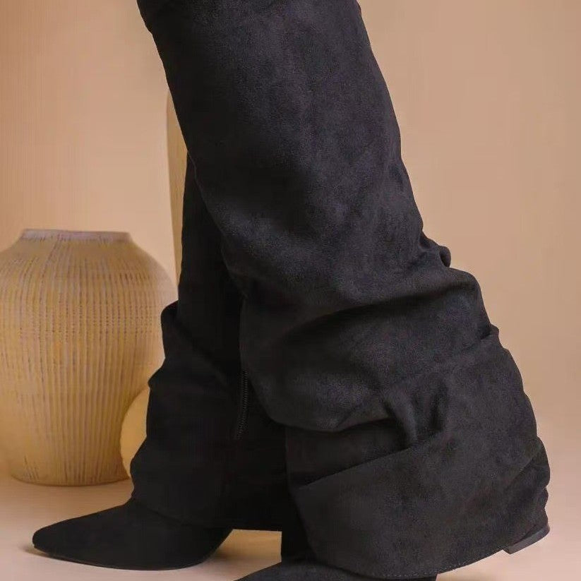 Women's Pointed Straight Pleated Metal Buckle Long Tube Large Size Thick Women's Leather Boots