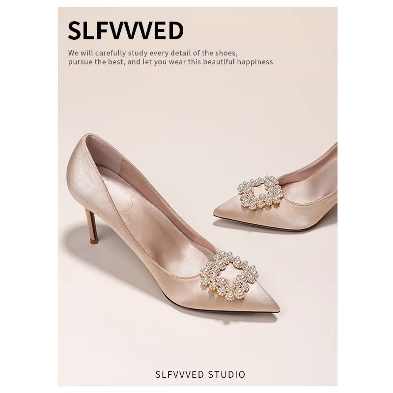 Women's Rhinestone Buckle High Stiletto Pumps Satin Women's Fashion Shoes