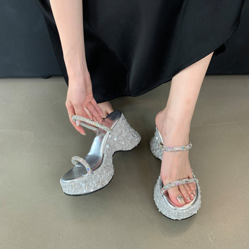 Women's Platform Wedge Summer Wear Fashionable Sequins Transparent Word Toe Covering Thick-soles Slippers