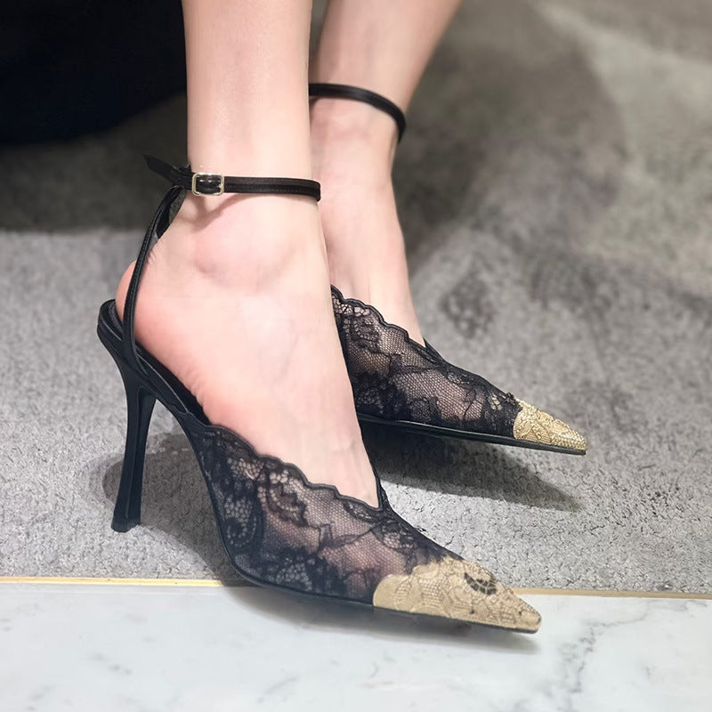 Women's Lace Embroidered Mesh Closed Toe Stiletto Pointed High Heeled Sandals