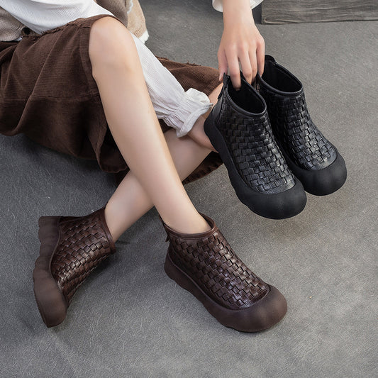 Women's Handmade Weave Vintage Booties Comfortable Platform Women's Leather Boots